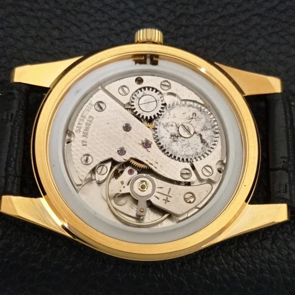 Vintage 1973 Roulette Manual Mens Gold Watch W/Leather Strap & Yellow accents